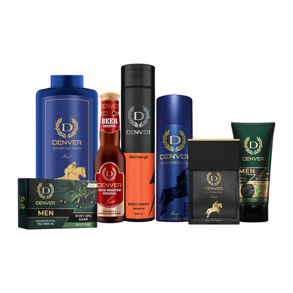Denver Pack of 7 Grooming Products (Goal Deodorant 180/200ml + Rider perfume 70ml + Body Spa Soap Restore 125gm + Deep Cleanse 50gm + Body Wash Recharge 200ML + Beer Shampoo Original 200ml + Goal Talc 300gm)