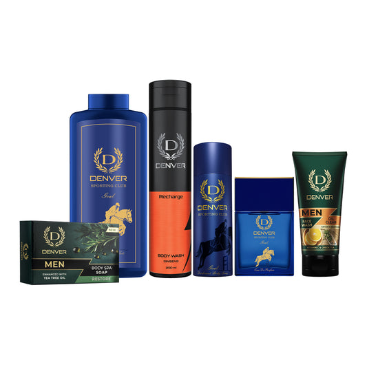 Denver Pack of  6 Grooming Products (Body Spa Soap Restore 125gm + Goal Talc 300gm + Body Wash Recharge 200ML + Goal Deo 150ml + Goal Perfume 70ml + Oil Clear Face Wash 50GM)