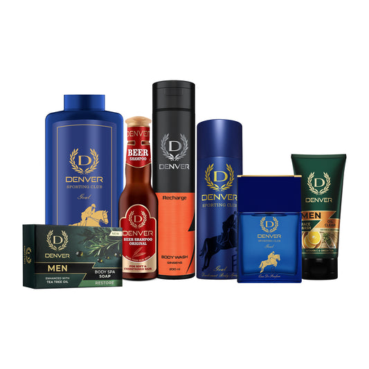 Denver Pack of 7 Grooming Products (Goal Deodorant 180/200ml + Goal perfume 70ml + Body Spa Soap Restore 125gm + Oil Clear 50gm + Body Wash Recharge 200ML + Beer Shampoo Original 200ml + Goal Talc 300gm)