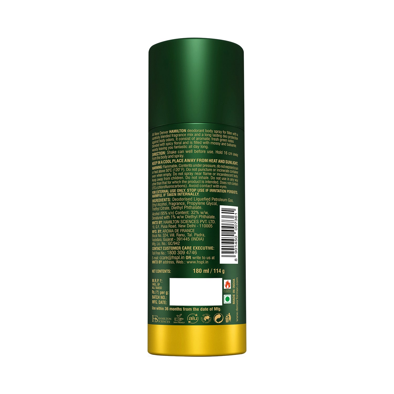 Hamilton Deodorant 180ml -Back Image