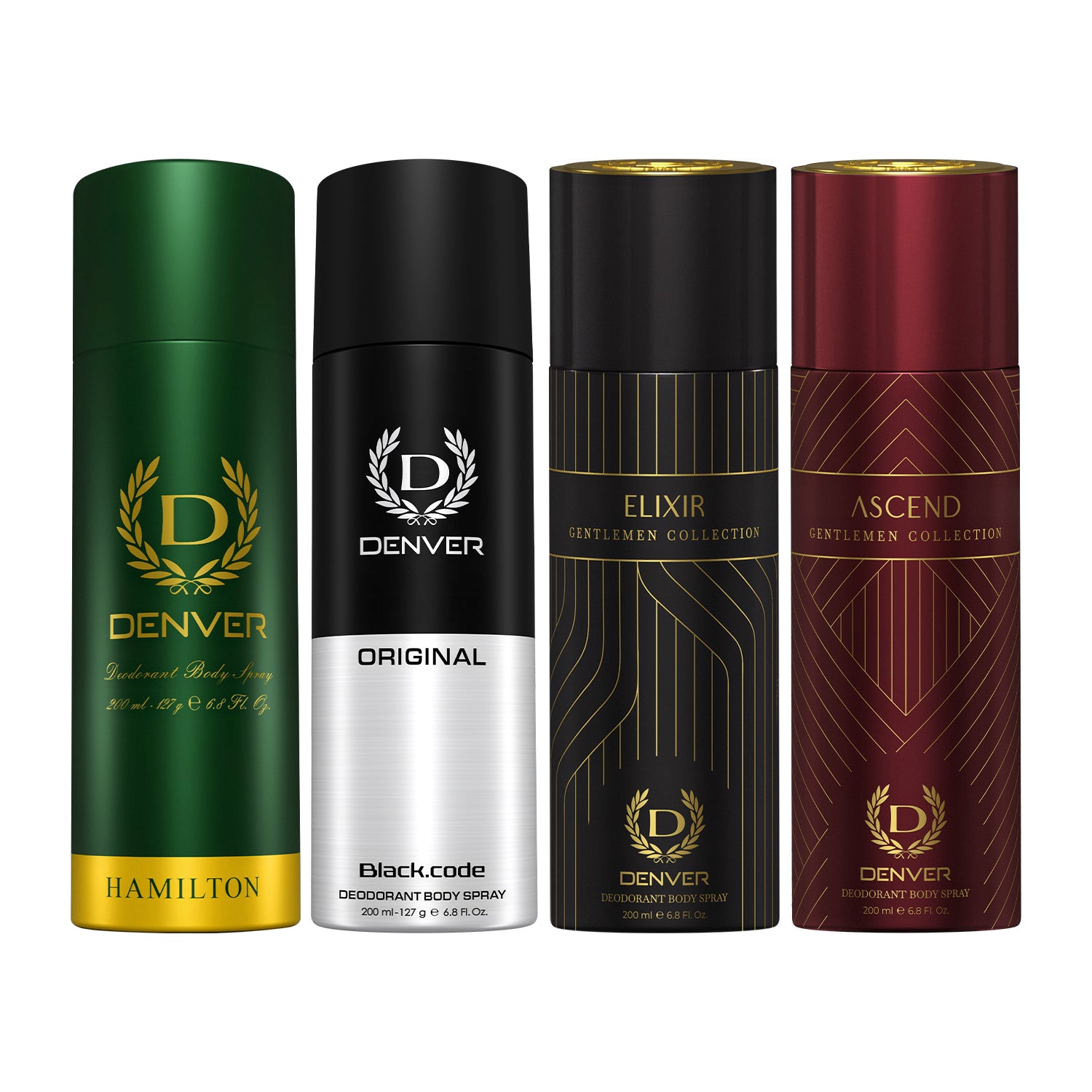 Pack of 4 Deos (Hamilton + Black Code + Ascend + Elixir) - 180/200ml Each DENVER