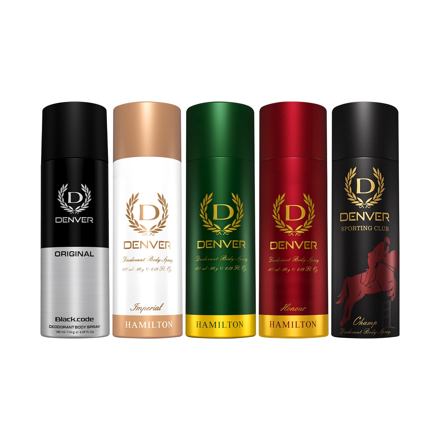 Pack of 5 Deos (Hamilton + Black Code Original + Imperial + Champ + Honour) - 180ml Each | DENVER