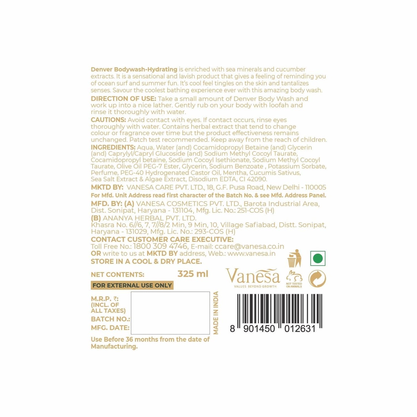 Denver Hyrating Body Wash  Back Side