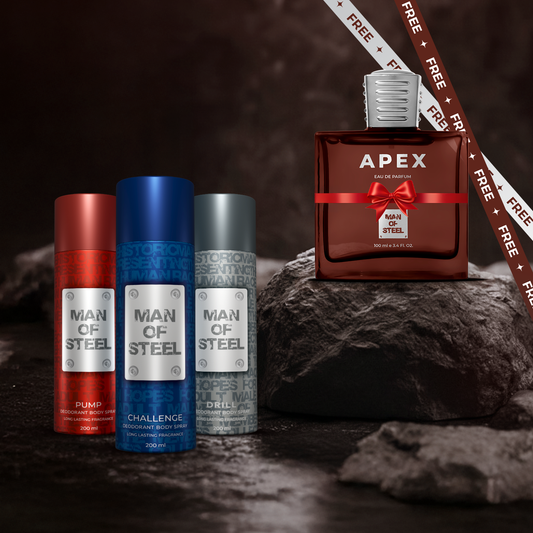 Pack of 3 MOS Deos (Pump + Challenge + Drill) 200ml Each | Free MOS Apex Perfume 100ml