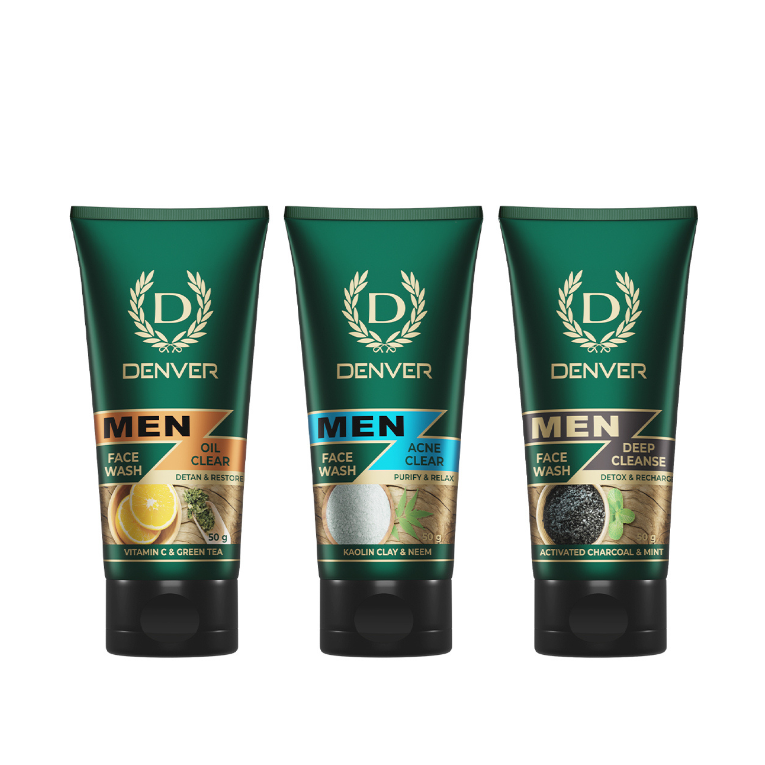 Pack of 3 Face Wash (Deep Cleanse + Oil Clear + Acne Clear) - 50gm Each | DENVER