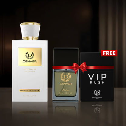 SRK Autograph White Leather Perfume 100ml | Free Chief & Vip Rush perfume 30ml | DENVER