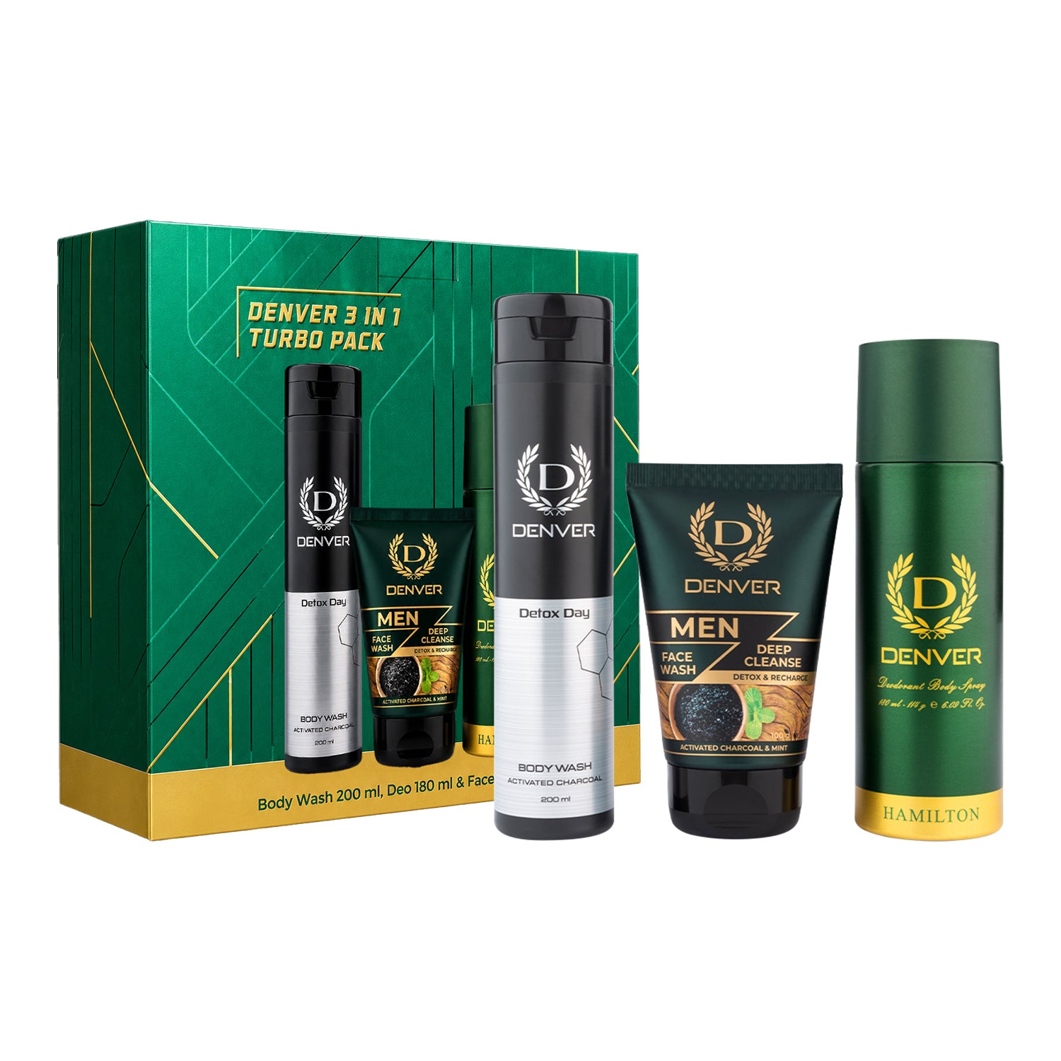3-in-1 Turbo Pack | Deo 180ml + Body Wash 200ml + Face Wash 200ml | Daily Grooming Kit For Men | DENVER