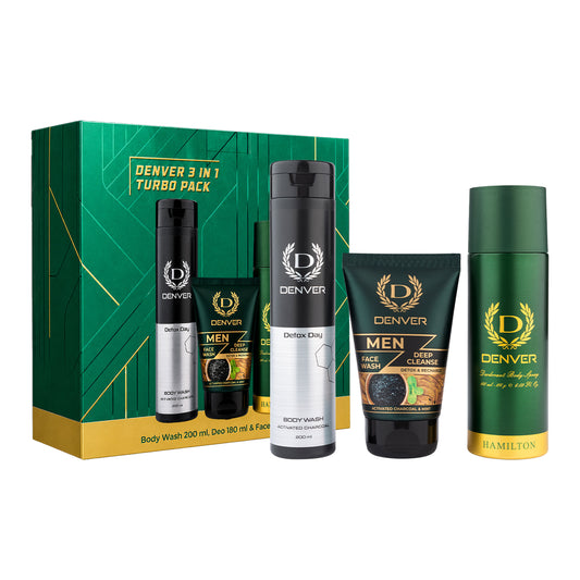 3-in-1 Turbo Pack | Deo 180ml + Body Wash 200ml + Face Wash 200ml | Daily Grooming Kit For Men | DENVER