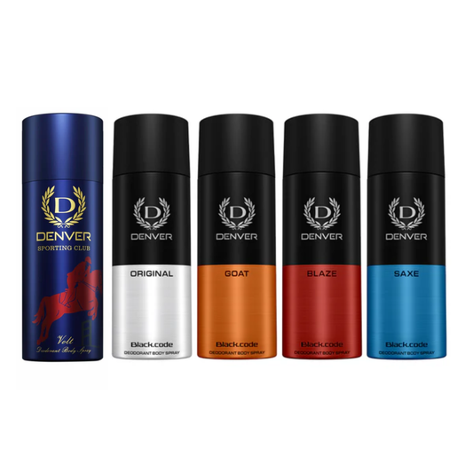 Denver Pack of 5 Deos (Volt 165ml + Black Code Original + Goat + Blaze + Saxe) - 150ml Each - Sale