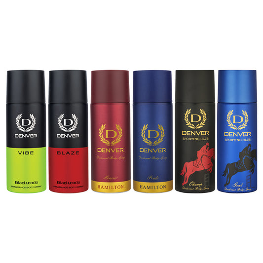 Pack of 6 Deos (Vibe + Blaze + Goal + Champ + Honour + Pride) - 150ml Each | DENVER
