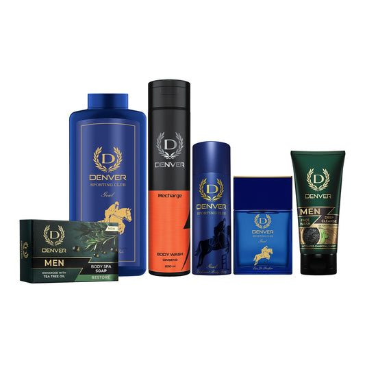 Denver Pack of  6 Grooming Products (Body Spa Soap Restore 125gm + Goal Talc 300gm + Body Wash Recharge 200ML + Goal Deo 150ml + Goal Perfume 70ml + Deep Cleanse Face Wash 50GM)