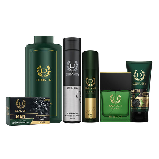 Denver Pack of  6 Grooming Products (Body Spa Soap Detox 125gm + Hamilton Talc 300gm + Body Wash Detox Day 200ML + SRK King Deo 140ml + Hamilton Perfume 70ml + Deep Cleanse Face Wash 50GM)