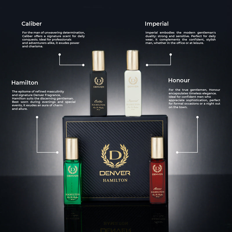 Denver Hamilton Luxury Gift Pack- For Men (80 ml, Pack of 4) + Vanesa Luxury Perfume Gift Set, Enigma, Magic pearl, Babe, Caper (80 ml, Pack of 4)