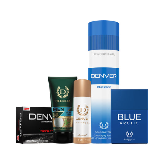 Denver Pack of 5 Products (Imperial Nano Deo 50ml + Blue Code Talc 300gm + Black Code Soap 125gm + Acne Clear face wash 50gm + Blue Artic Perfume 30ml)