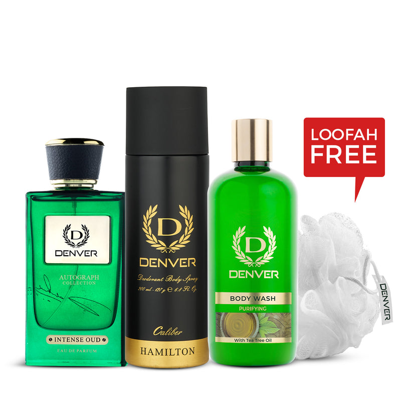 Denver Gift Pack Autograph Collection Intense Oud |  Bodywash Purifying with Loofah | Hamilton Caliber 200ml