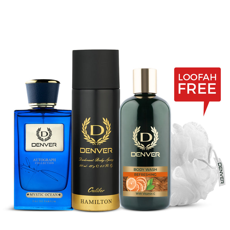 Denver Gift Pack Autograph Collection Mystic Ocean |  Bodywash Refreshing with Loofah | Hamilton Caliber 200ml