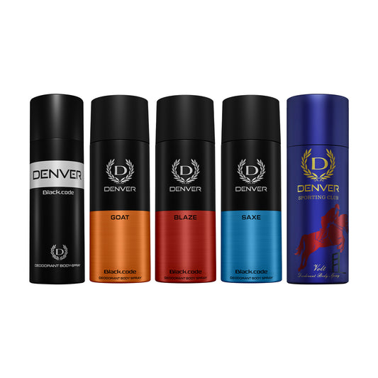 Denver Pack of 5 Deos Volt 165ml + Black Code 200ml + Goat + Blaze + Saxe- 150ml Each - Sale