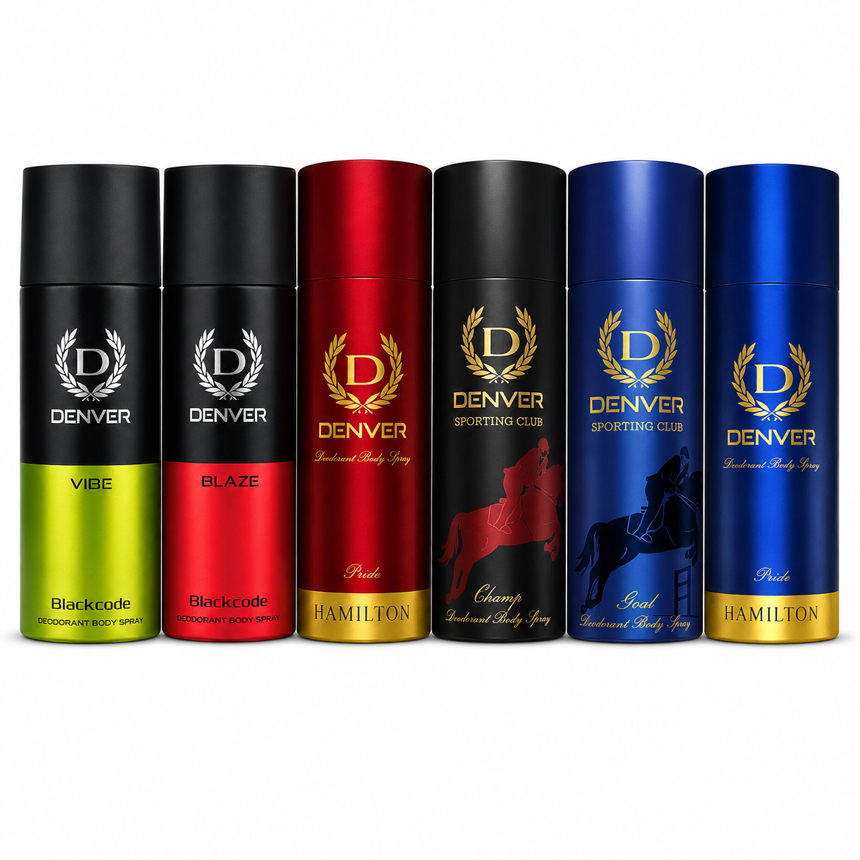 Pack of 6 Deos (Vibe + Blaze + Goal + Champ + Honour + Pride) - 150ml Each | DENVER