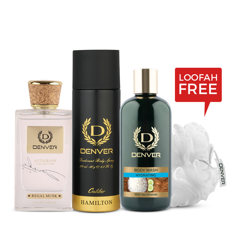 Denver Gift Pack Autograph Collection Regal Musk |  Bodywash Hydrating with Loofah | Hamilton Caliber 200ml