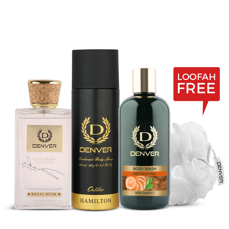 Denver Gift Pack Autograph Collection Regal Musk |  Bodywash Refreshing with Loofah | Hamilton Caliber 200ml