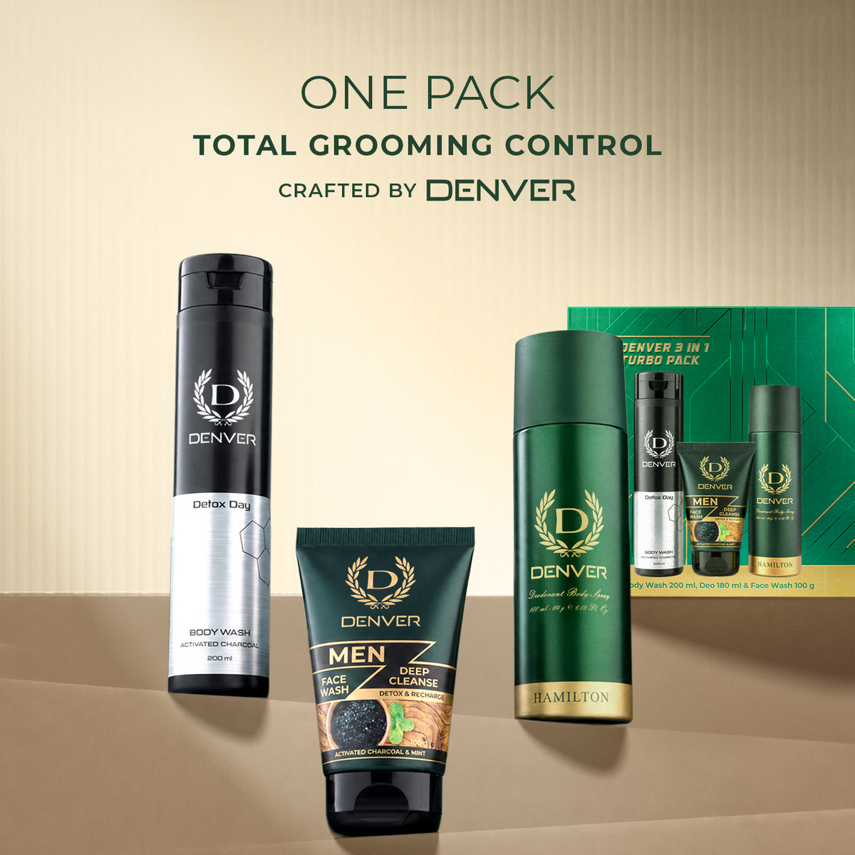 3-in-1 Turbo Pack | Deo 180ml + Body Wash 200ml + Face Wash 200ml | Daily Grooming Kit For Men | DENVER