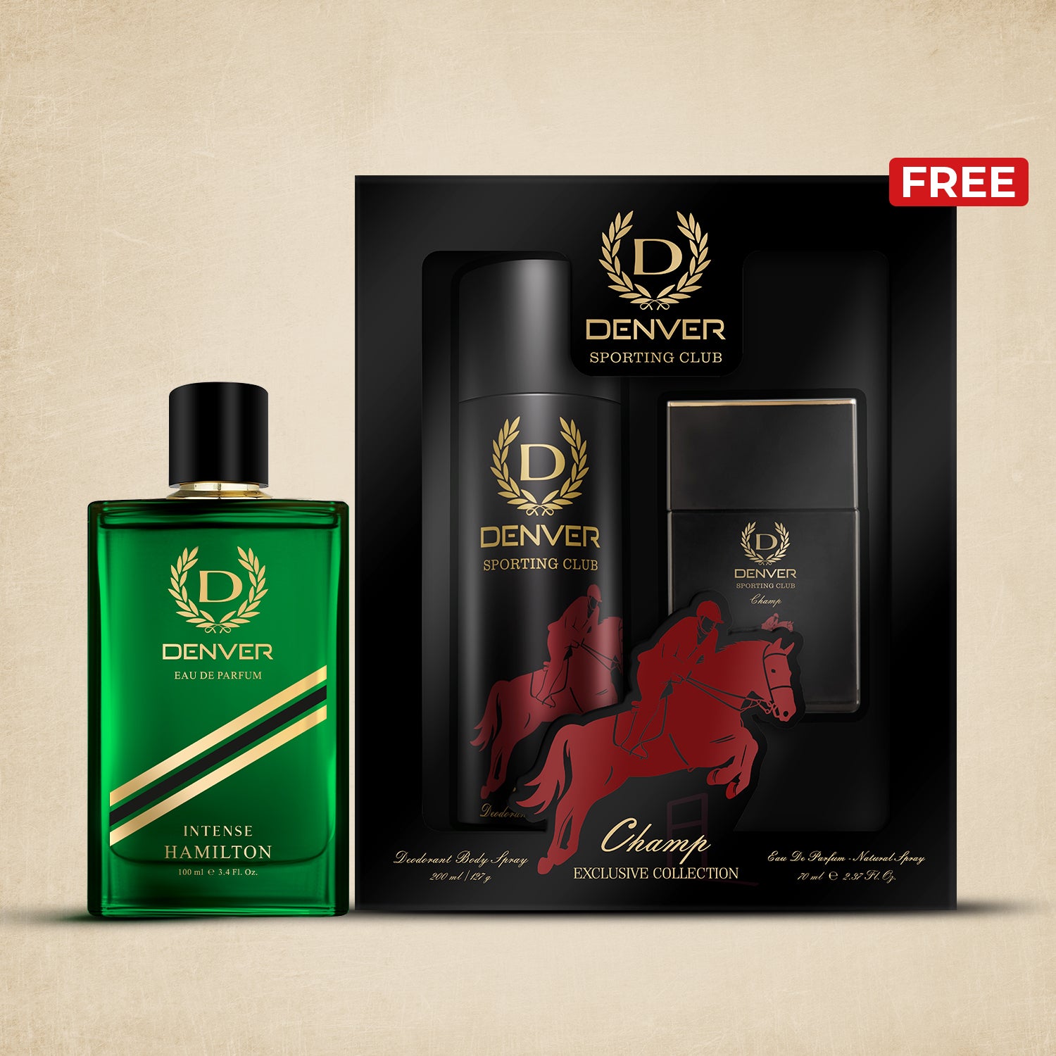Launch Offer: Denver Intense 100ml with Free Champ Gift Pack 70ml Perfume & 200ml Deo