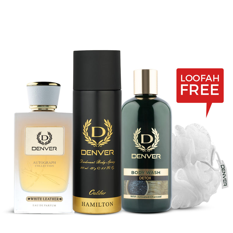 Denver Gift Pack Autograph Collection White Leather  | Bodywash Detox with Loofah | Hamilton Caliber 200ml