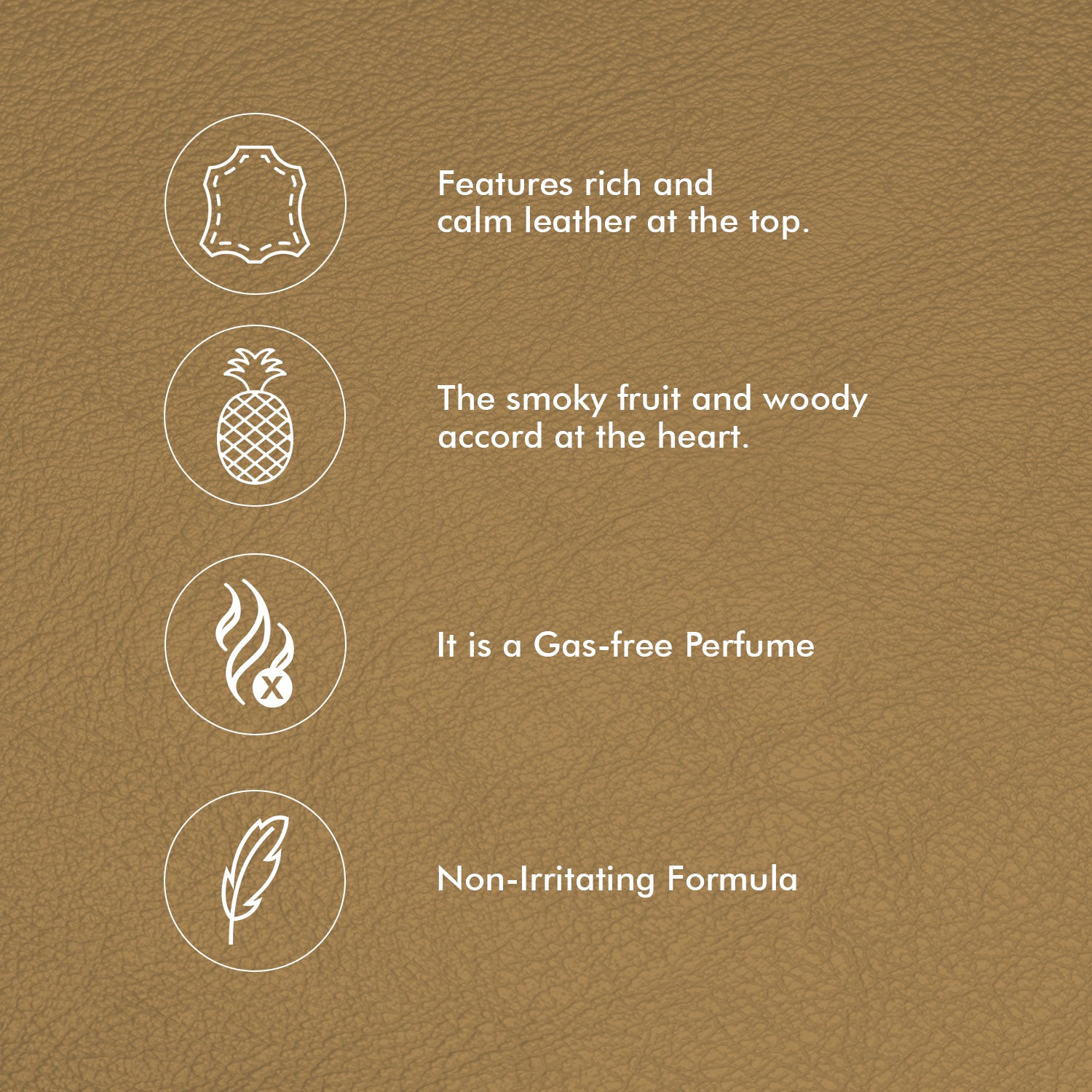 Features rick and calm leather at the top. The smoky fruit and woody accord at the heart. It is a Gas-free Perfume, Non-Irritating Formula.