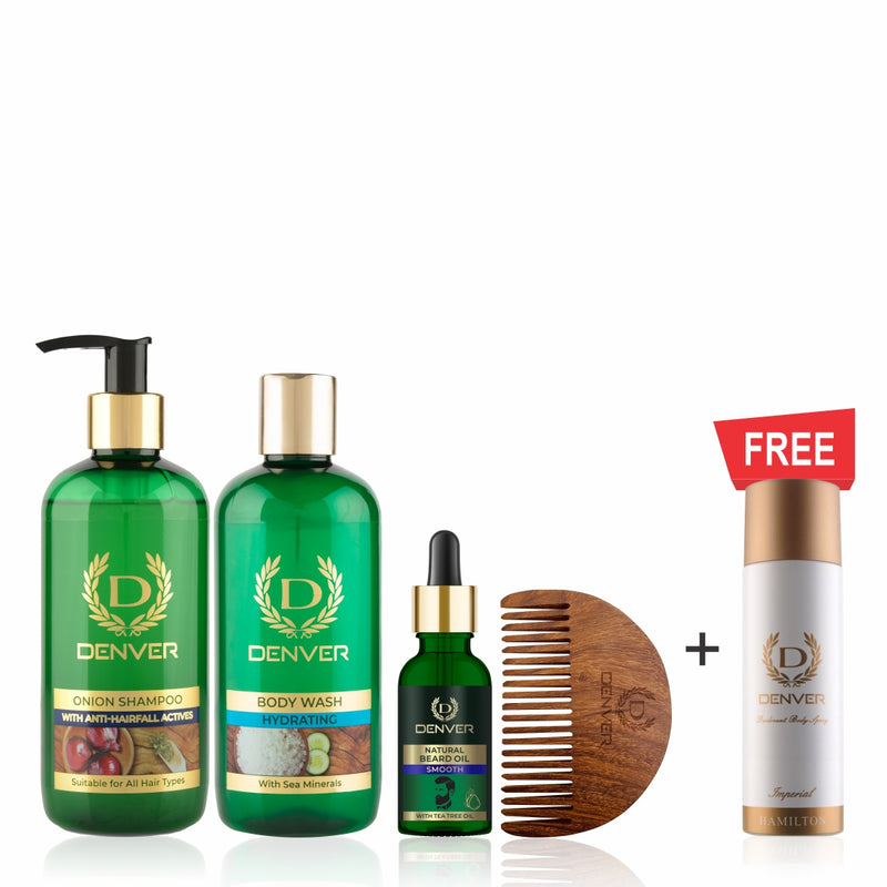 Onion Shampoo 300ml + Hydrating Body Wash 325ml + Smooth Beard Oil 30ml with free wooden comb+ FREE Imperial Nano Deo with Loofah
