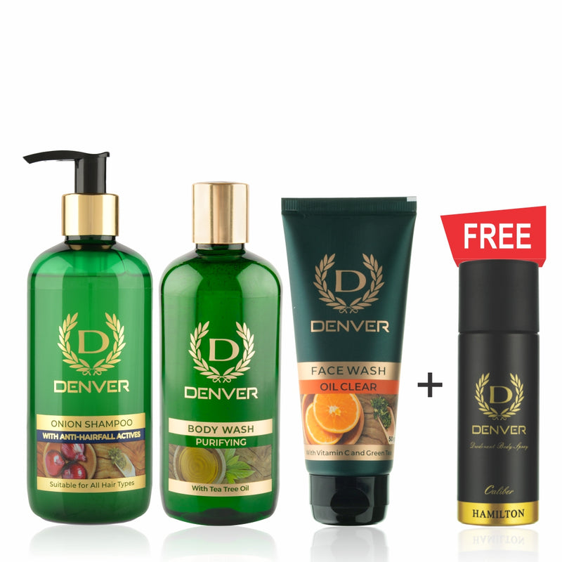Onion Shampoo 300ml, Purifying Body Wash 325ml, Face Wash Oil Clear 50gm + FREE NANO CALIBER DEO with Loofah