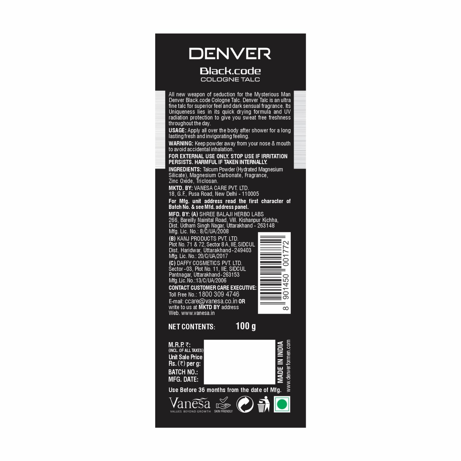 Denver Black Code Cologne talc